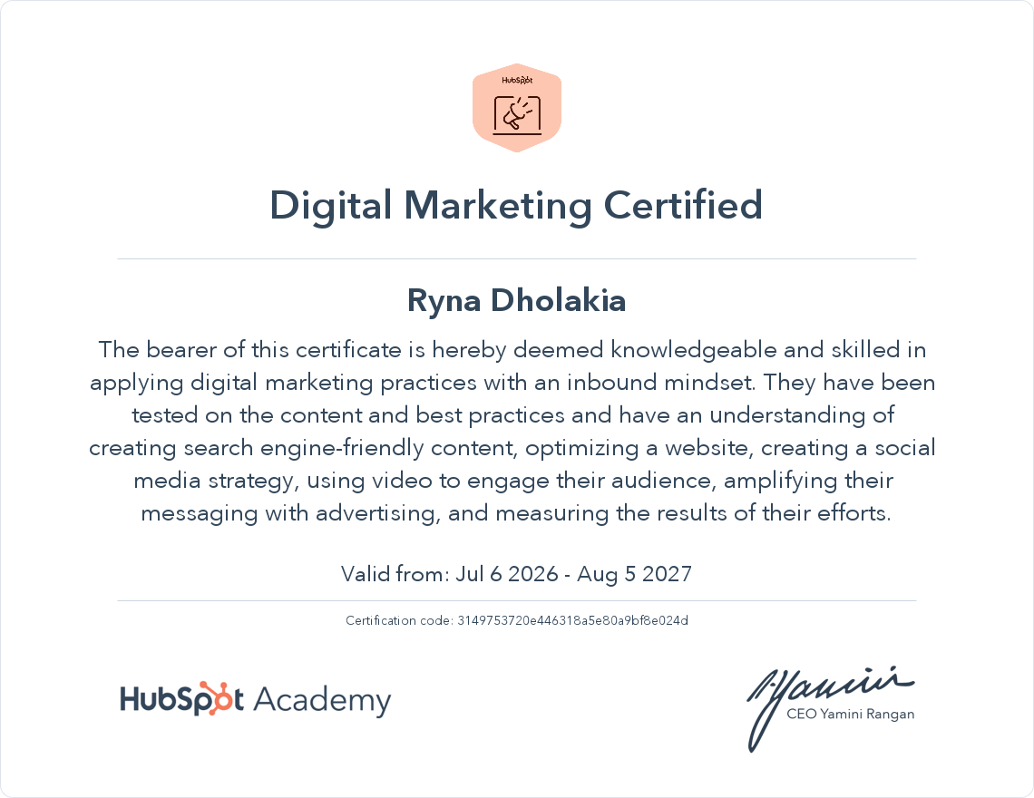 Marketing certificate