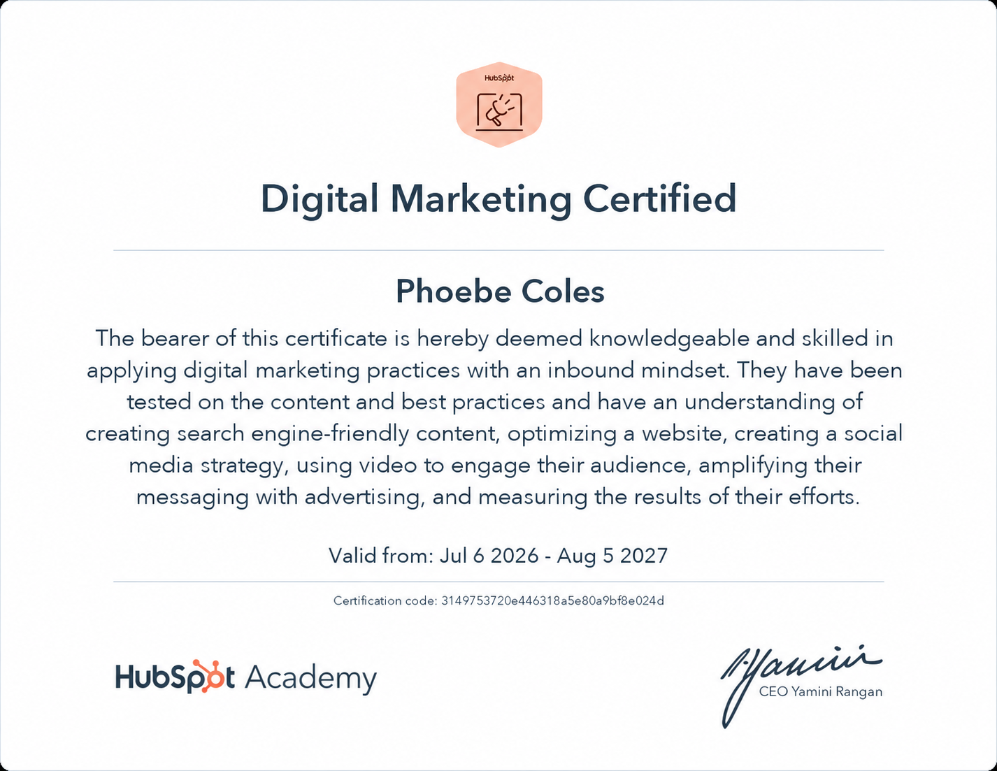 Marketing certificate